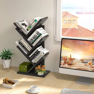 Modern Minimalist Tree Bookshelf: A 4 - Tiered Wooden Showcase for Collectibles and Books - Posedisplay