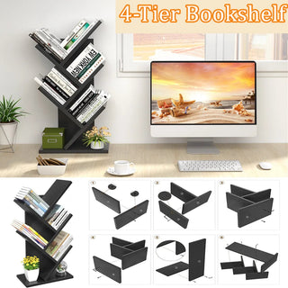 Modern Minimalist Tree Bookshelf: A 4 - Tiered Wooden Showcase for Collectibles and Books - Posedisplay