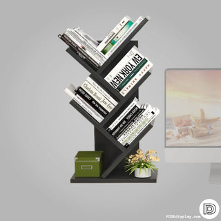 Modern Minimalist Tree Bookshelf: A 4 - Tiered Wooden Showcase for Collectibles and Books - Posedisplay